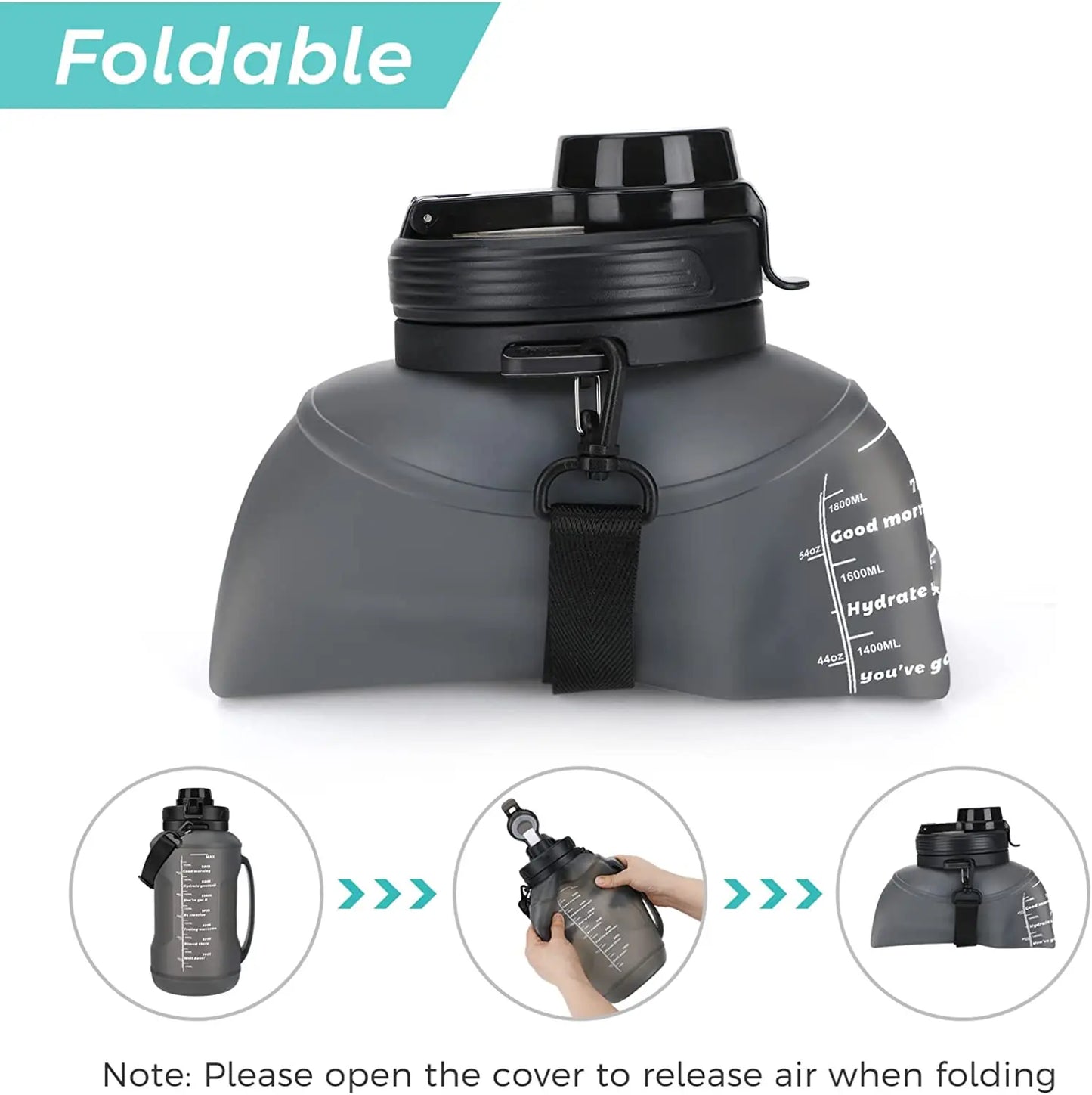 Collapsible 2L Silicone Water Bottle with Straw and Carrying Strap - Half Gallon Capacity